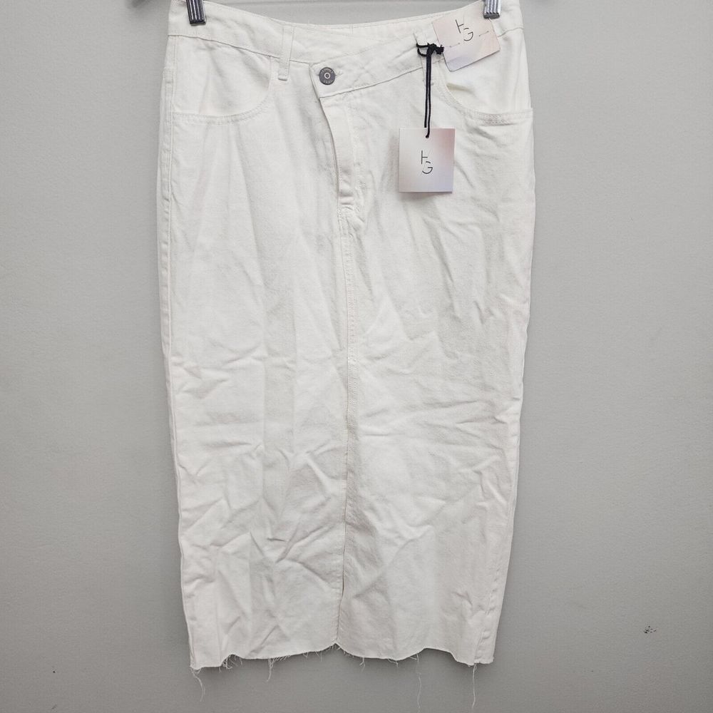 Happily Grey White Cotton‎ Denim Jean Skirt Long Front Slit Raw Hem Size 5/26